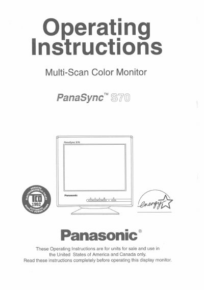 Panasonic S70 Multi-Scan Color Monitor Operating Instructions - cover page