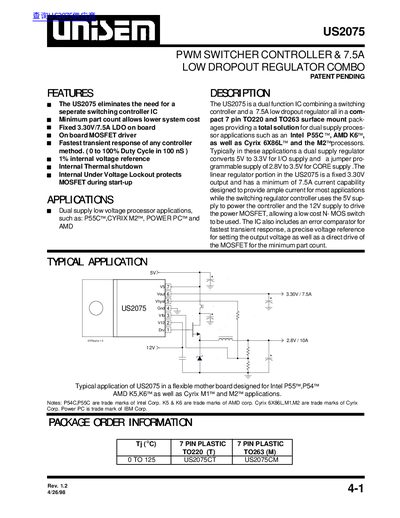 Unisem US2075 PWM Switcher Controller & 7.5A Low Dropout Regulator Datasheet - cover page