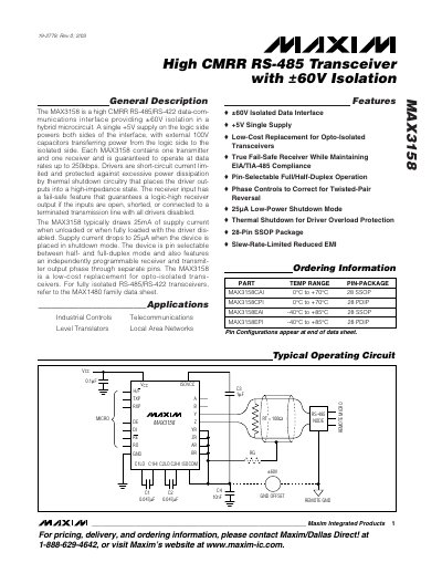 Maxim MAX3158 High CMRR RS-485 Transceiver Datasheet - cover page
