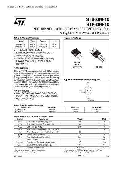 STMicroelectronics STB60NF10 STP60NF10 Power MOSFET Datasheet - cover page
