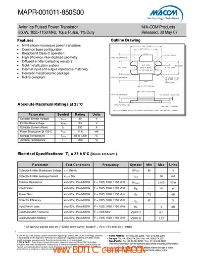 M/A-COM MAPR-001011-850S00 Avionics Pulsed Power Transistor Datasheet - cover page