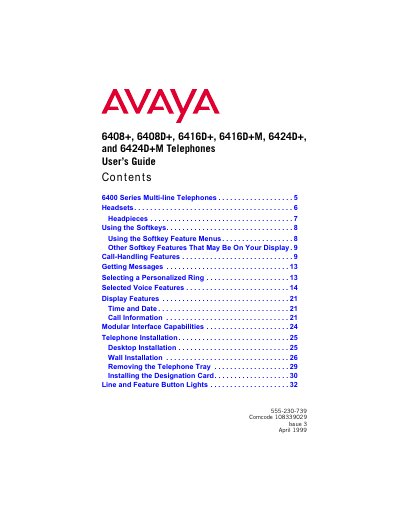 Avaya 6400 Series Multi-line Telephones User Guide - cover page