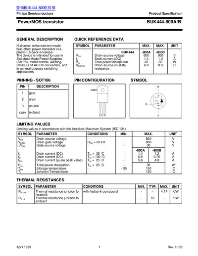 Philips BUK444-800A/B PowerMOS Transistor Datasheet - cover page