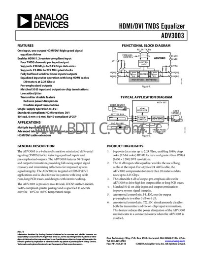 Analog Devices ADV3003 HDMI/DVI TMDS Equalizer Datasheet - cover page