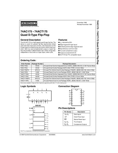 Fairchild 74AC175/74ACT175 Quad D-Type Flip-Flop Datasheet - cover page