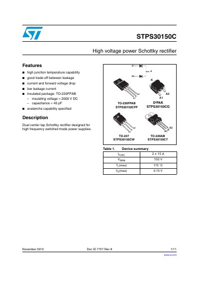STMicroelectronics STPS30150C High Voltage Power Schottky Rectifier Datasheet