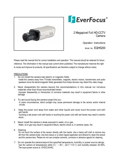EverFocus EQH5200 2 Megapixel HD-CCTV Camera Operation Instructions - cover page