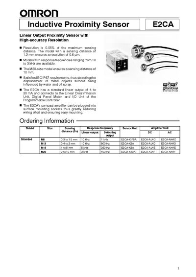 Omron E2CA Inductive Proximity Sensor Datasheet - cover page