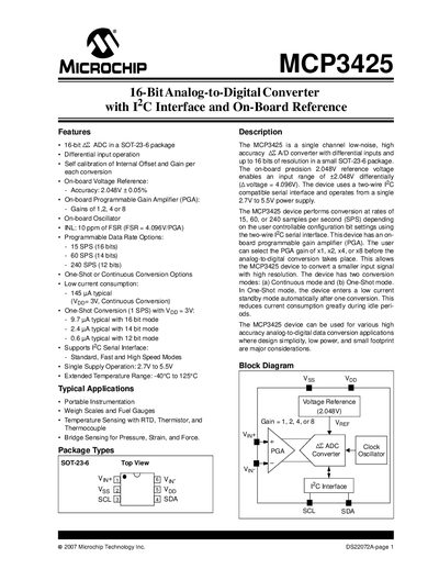 Microchip MCP3425 16‑Bit ADC Datasheet - cover page