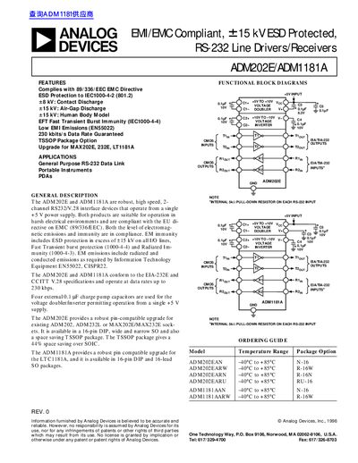Analog Devices ADM202E/ADM1181A RS-232 Line Drivers Datasheet