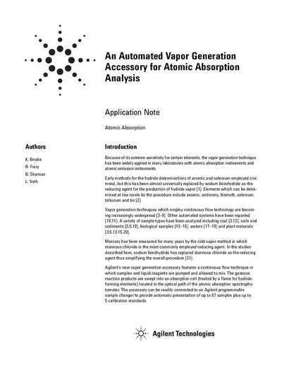 Agilent VGA-76 Vapor Generation Accessory Application Note - cover page