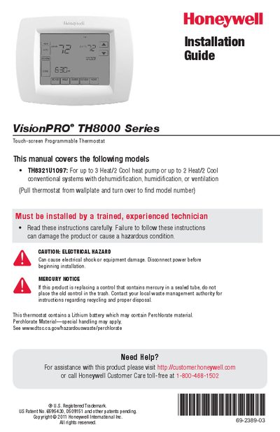 Honeywell TH8000 Series Touch-screen Programmable Thermostat Installation Guide - cover page