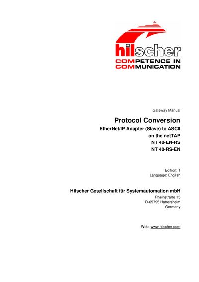 Hilscher NT 40-EN-RS / NT 40-RS-EN Protocol Conversion Gateway Manual - cover page
