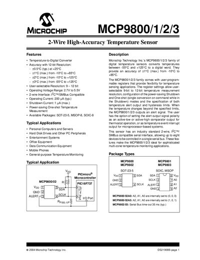 Microchip MCP9800/1/2/3 Temperature Sensor Datasheet - cover page