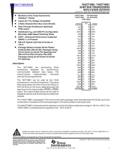 TEXAS INSTRUMENTS 54ACT16861 74ACT16861 20-BIT BUS TRANSCEIVERS WITH 3-STATE OUTPUTS handbook - cover page