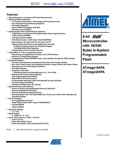 Atmel ATmega324PA Datasheet - cover page