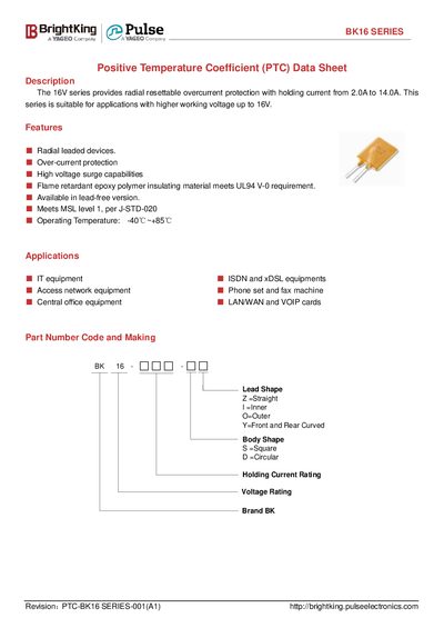 BrightKing BK16 SERIES PTC Data Sheet - cover page