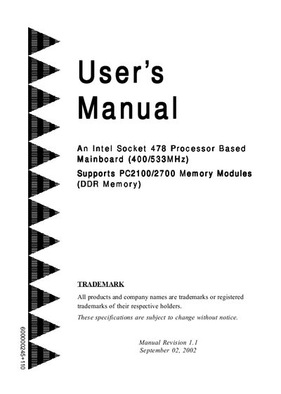 A Intel Socket 478 Processor Based mainboard (400/533MHz) Supports PC2100/2700 Memory Modules User's Manual - cover page