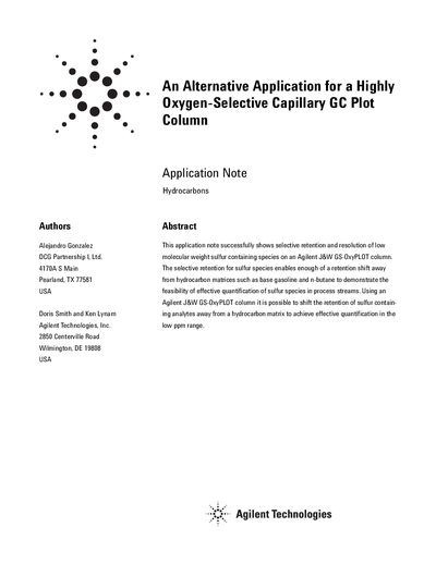 Agilent J&W GS-OxyPLOT Column Application Note - cover page