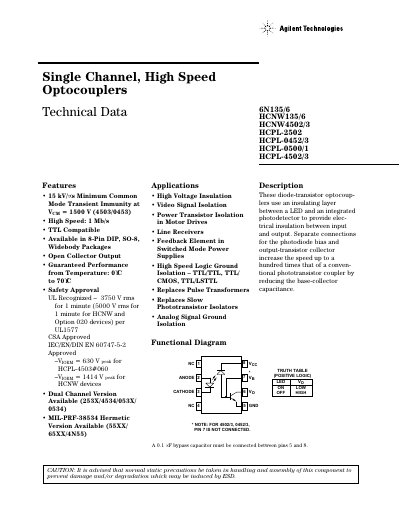 Agilent HCPL-4503/0453, HCNW4503, HCPL-2502, HCPL-0452/3, HCNW4502/3 Optocoupler Datasheet - cover page