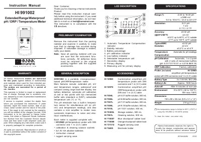 Hanna Instruments HI 991002 Extended Range Waterproof pH/ORP/Temperature Meter Instruction Manual - cover page
