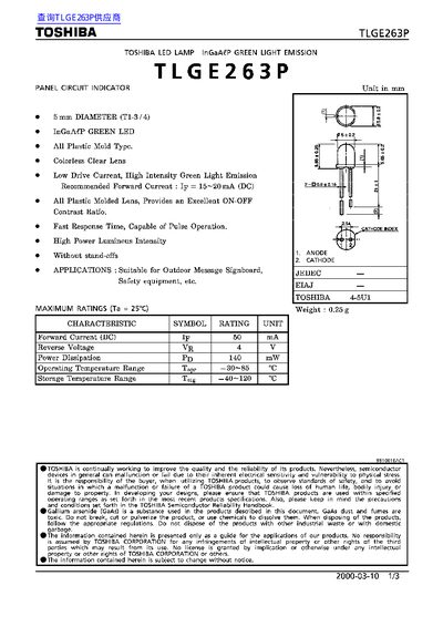 Toshiba TLGE263P LED Lamp Datasheet - cover page