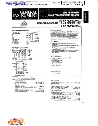 GENERAL INSTRUMENTS MCP3020/0Z* MCP3021/1Z* MCP8022/2Z* VDE APPROVED NONO-ZERO-CROSSING TRIACS - cover page