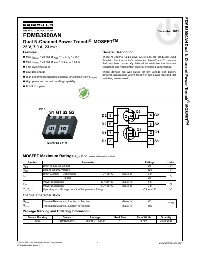 Fairchild Semiconductor FDMB3900AN Dual N-Channel Power Trench MOSFET Datasheet - cover page