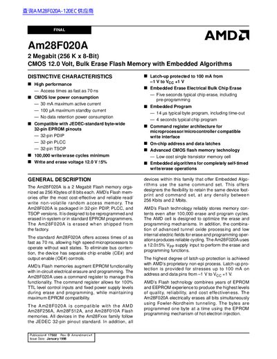AMD Am28F020A 2 Megabit (256 K x 8-Bit) CMOS 12.0 Volt Bulk Erase Flash Memory with Embedded Algorithms handbook - cover page
