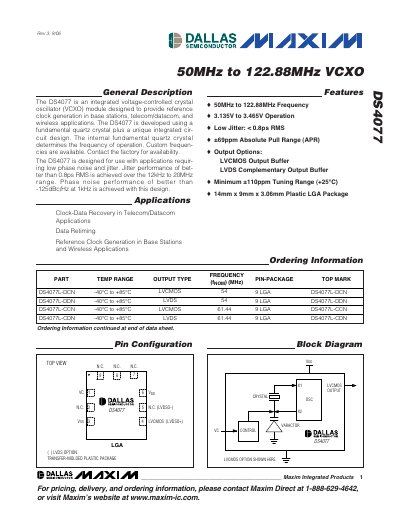 MAXIM DS4077 50MHz to 122.88MHz VCXO Manual - cover page