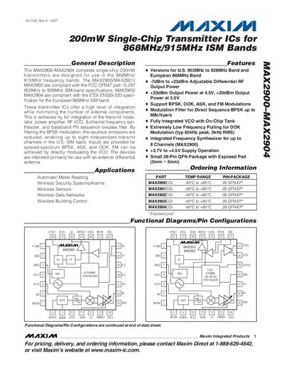 Maxim MAX2900-MAX2904 200mW Single-Chip Transmitter ICs Datasheet - cover page
