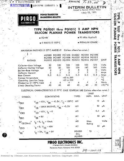 PIRGO PG1001–PG1017 Power Transistor Interim Bulletin - cover page