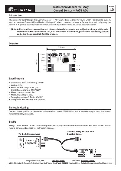 FrSky FAS7 ADV Current Sensor Instruction Manual - cover page