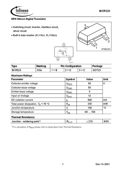 Infineon BCR523 NPN Silicon Digital Transistor Datasheet - cover page