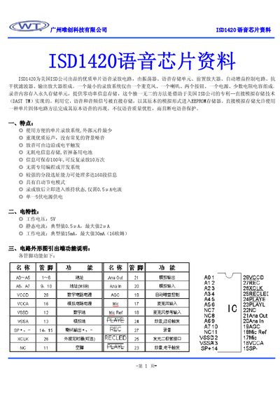 TSD ISD1420 Voice Chip Datasheet - cover page