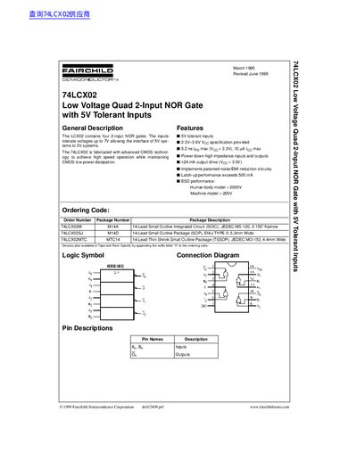 Fairchild 74LCX02 Low Voltage Quad 2-Input NOR Gate Datasheet - cover page