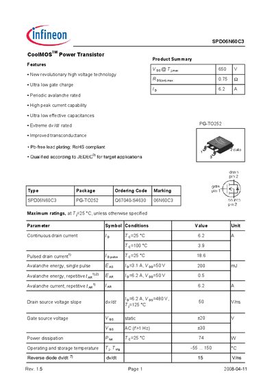 INFINEON SPD06N60C3 CoolMOS Power Transistor Manual - cover page