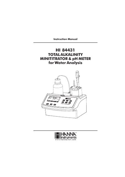 Hanna HI 84431 Total Alkalinity Minititrator & pH Meter Instruction Manual - cover page