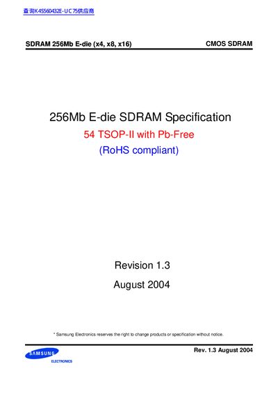 SAMSUNG ELECTRONICS SDRAM 256Mb E-die (x4 x8 x16) handbook - cover page