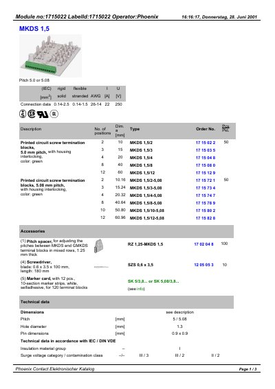 Phoenix Contact MKDS 1,5 Terminal Block Datasheet - cover page