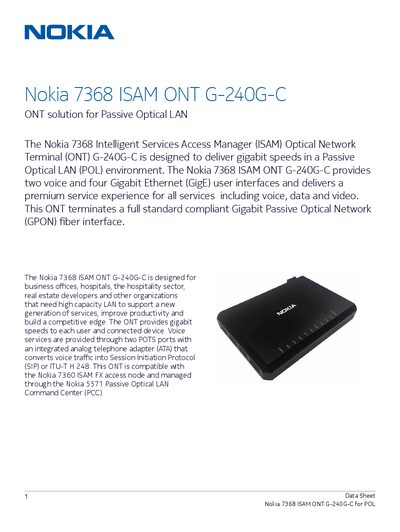 Nokia 7368 ISAM ONT G-240G-C Data Sheet - cover page