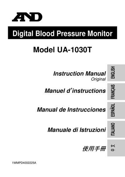 A&amp;D UA-1030T Digital Blood Pressure Monitor User Manual