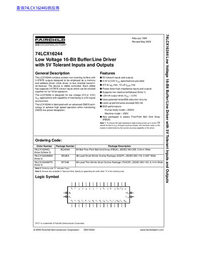 Fairchild Semiconductor 74LCX16244 Low Voltage 16-Bit Buffer/Line Driver Datasheet - cover page