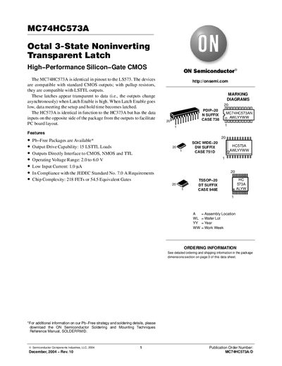 ON Semiconductor MC74HC573A Octal 3-State Noninverting Transparent Latch Datasheet - cover page