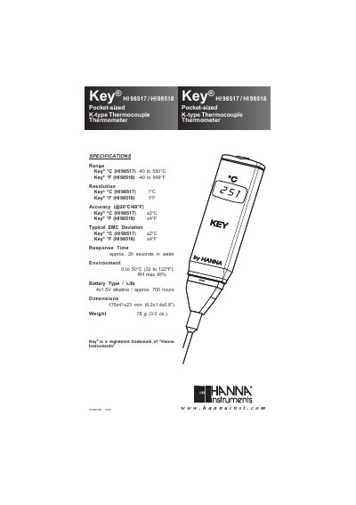 Hanna Instruments HI98517/HI98518 Pocket-sized K-type Thermocouple Thermometer User Manual - cover page