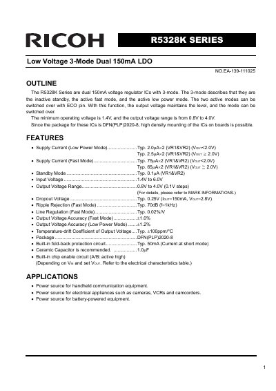 Ricoh R5328K Series Low Voltage LDO Datasheet
