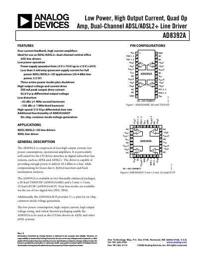 Analog Devices AD8392A Quad Op Amp ADSL/ADSL2+ Line Driver Datasheet - cover page