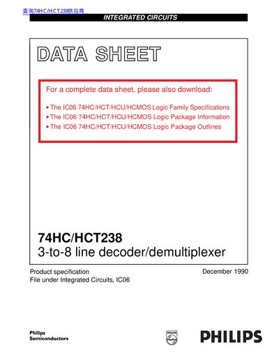 Philips 74HC/HCT238 3-to-8 Line Decoder/Demultiplexer Datasheet - cover page
