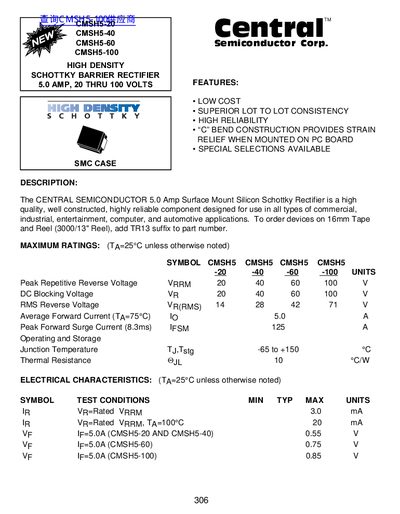 Central Semiconductor Corp. CMSH5 Series Schottky Barrier Rectifier Datasheet - cover page