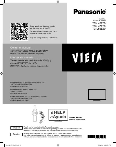 Panasonic TC-L42E50/TC-L47E50/TC-L55E50 1080p LCD HDTV Owner's Manual